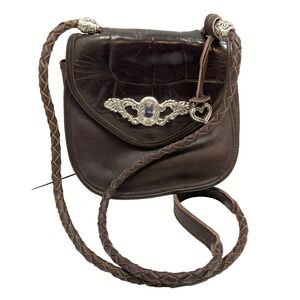 Vtg Brighton Brown Croc Embossed Flap‎ Leather Purse  Crossbody Shoulder Bag